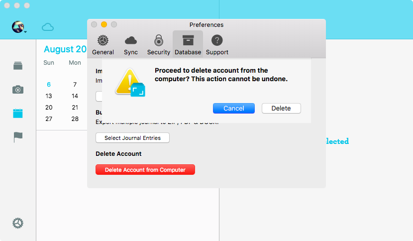 Confirmation to delete app data in Mac Journal App